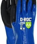 DROC ANSI A4 waterproof and chemical resistant work gloves, size 9 large, dual nitrile coating, blue and black design.