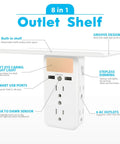 Two Pack Wall Outlet Extender With Built In Shelf And Night Light 8 Ports Total 6 AC Outlets Plus 2 USB displayed with features