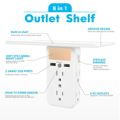 Two Pack Wall Outlet Extender With Built In Shelf And Night Light 8 Ports Total 6 AC Outlets Plus 2 USB displayed with features