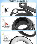 2-inch water pump gasket repair kit (gasket, seal, flapper, washer, O-ring) with wear, high-temperature, and high-pressure resistance visuals.