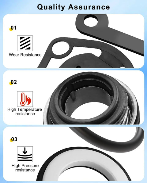 2-inch water pump gasket repair kit (gasket, seal, flapper, washer, O-ring) with wear, high-temperature, and high-pressure resistance visuals.