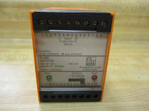 Dn001 Power Supply Switching Amplifier 110 V AC Netzteil Module For Industrial Automation, Used Good Condition, Dn0012 Pro Grade Controller For PLC Systems And Sensors, Heavy Duty Build, Ready To Install. Front view of orange and black 110 V AC industrial power supply module, 3 x 3 x 5 in.
