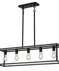 Farmhouse Black 5 Light Kitchen Island Pendant Light Set, Dope Modern Linear Cage Ceiling Fixture for Dining Room, Dimmable E26 Base, Hanging Island Lighting with Contemporary Design visible.