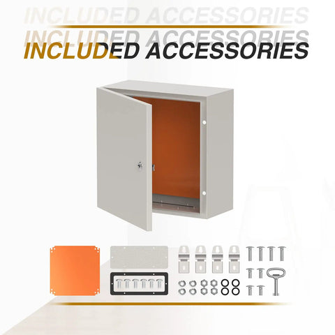 Rugged Steel Electrical Enclosure 20x16x10 Inch IP66 Waterproof Metal Box Wall Mount With Mounting Plate and accessories