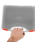 Hand holding the Hella Tough Plastic Parts Organizer Box With Sure Grip Handle for easy transport and storage.