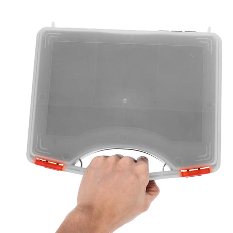 Hand holding the Hella Tough Plastic Parts Organizer Box With Sure Grip Handle for easy transport and storage.