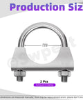 Exhaust U Clamp Kit 2 Pieces 1.3 Inch Stainless Steel U-Bolt Clamps, Universal Beefy Duty Muffler Connectors displayed in size guide