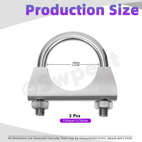 Exhaust U Clamp Kit 2 Pieces 1.3 Inch Stainless Steel U-Bolt Clamps, Universal Beefy Duty Muffler Connectors displayed in size guide