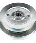 Premium Double Deck Drive Belt Tightener Pulley Fit For 48 Or 54 Inch Mower Decks Replacing AP01 AM133924 close-up of pulley