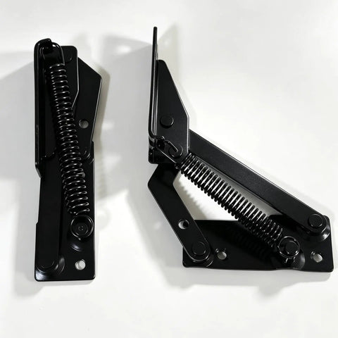 Heavy Lifter 90 Degree Bench Seat Hinge Pair Built Straight Up Tough For Toy Box Lid Support And Cabinet Doors Featuring Smooth Foldable Lifting Bracket Crafted From Cold Rolled Steel In Glossy Black, showing both hinges with springs.