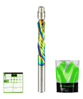 SHARPRO flush-trim router bit with 1/4 in shank and bottom bearing; rainbow-coated carbide, includes sticker sheet and green packaging.