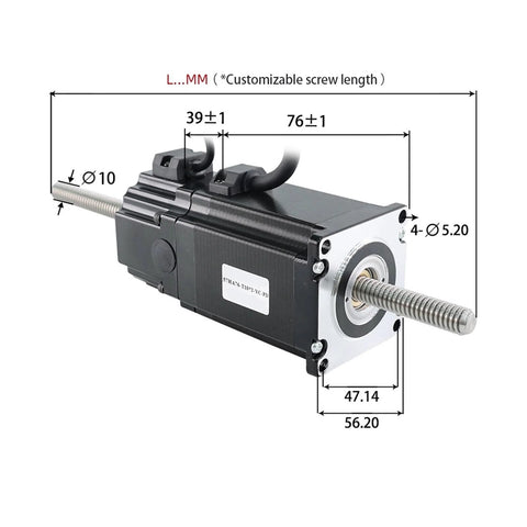 NEMA23 through-screw motor with black body and silver flange, threaded lead screws extending left and right, top cables