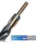 Pro Grade One Inch Drill Bit With Smooth Insert Half Inch Reduced Shank Heavy Duty High Speed Steel shown in packaging.
