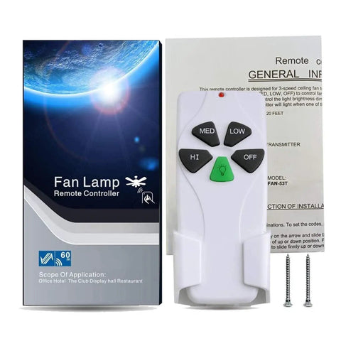 Universal Ceiling Fan Remote Control Replacement With 3 Speed And Light Dimmer Includes 4 Dip Switch Wall Holder Works With 2AAZPFAN53T FAN53T UC7030T CHQ7030T L3HFAN35T And Related Models with packaging, manual, and screws