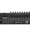 Rear view of Onyx Series 12-Channel Premium Analog Mixer With USB Multi-Track Recording And SD Card Playback inputs and outputs
