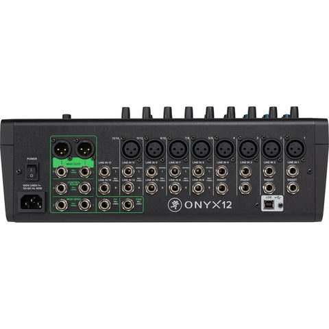 Rear view of Onyx Series 12-Channel Premium Analog Mixer With USB Multi-Track Recording And SD Card Playback inputs and outputs