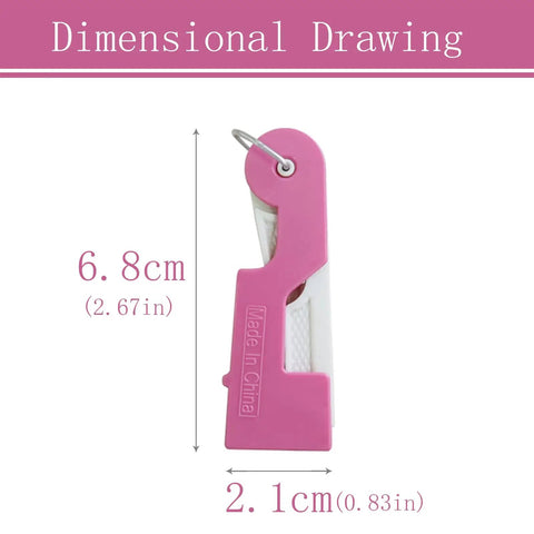 Dimensional drawing of Automatic Needle Threader Set For Sewing And Embroidery Tools, pink tool, 6.8cm tall, 2.1cm wide.
