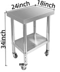 Stainless Steel Mobile Work Table With Four Wheels, 24 By 18 By 34 Inches, Adjustable Two Tier Heavy Duty Prep Station, front view