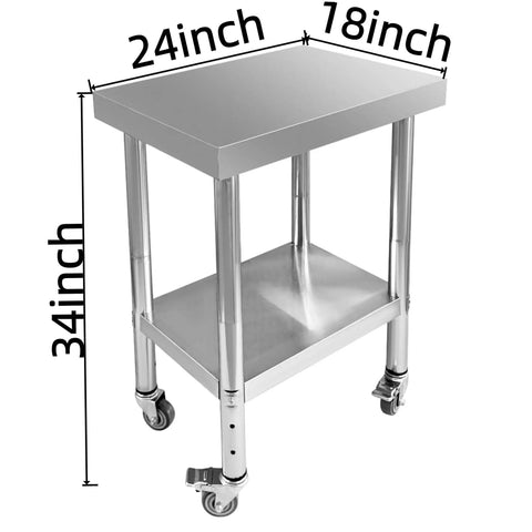 Stainless Steel Mobile Work Table With Four Wheels, 24 By 18 By 34 Inches, Adjustable Two Tier Heavy Duty Prep Station, front view