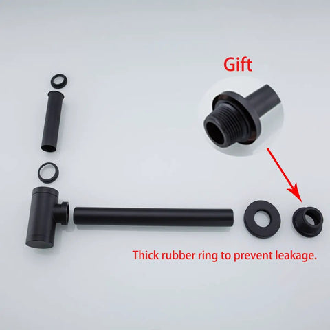 Contemporary Round Bottle P Trap Kit For Basin Sink One And A Quarter Inch Matte Black Brass Finish Durable Waste Drain With Easy Install And North America Standard Fit showing components and rubber ring gift.