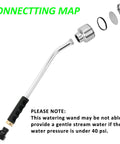18 Inch Soft Rain Watering Wand With Shut Off Valve, showing exploded view of detachable metal parts and black grip.