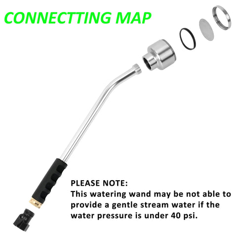 18 Inch Soft Rain Watering Wand With Shut Off Valve, showing exploded view of detachable metal parts and black grip.