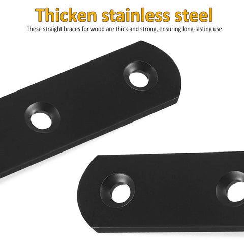 Close-up of 4 Pcs Stainless Steel Straight Brace Plates Black Flat Metal Brackets for Wood with predrilled holes.
