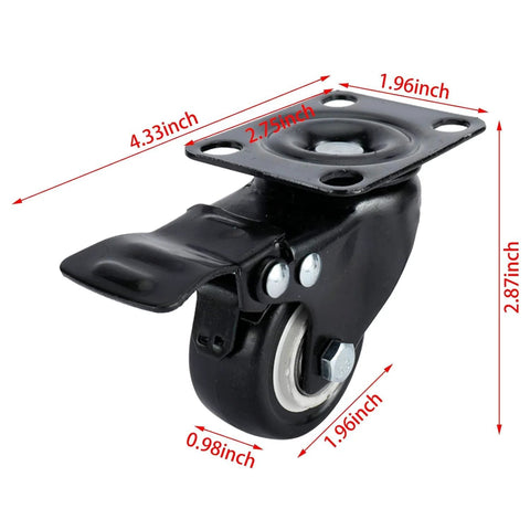 Side view of a 8 Pack 2 Inch Heavy Duty Swivel Plate Caster Wheel With Double Brake And PU Foam No Noise, showing dimensions