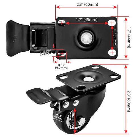 Swivel Caster Wheels 1.5 Inch Rubber Base With Top Plate Bearings, Heavy Duty 24 Pack With Total Lock Brakes, dimensions shown