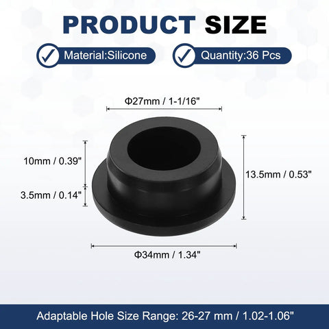 T-Shaped Silicone Plugs Kit 27.3mm Diameter 1-1/16 Inch Snap-In Round Rubber Stopper For 26-27mm Holes Waterproof Seal 36 Pack