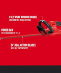 Close-up of 22 Inch Corded Hedge Trimmer With Power Saw Branch Cutter 3.8 Amp Motor Dual Action Blades 1.5 Inch Cut Capacity