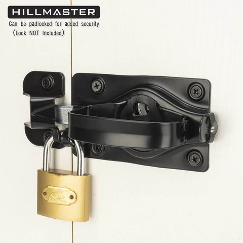 Heavy Duty Automatic Locking Gate Handle Latch For Interior And Exterior Doors in black finish with padlock installed