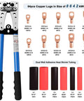 Battery Cable Lug Crimping Tool Kit For AWG 10 To 1/0 With 64 Ring Terminals And 110 Heat Shrink Tubing shown with components