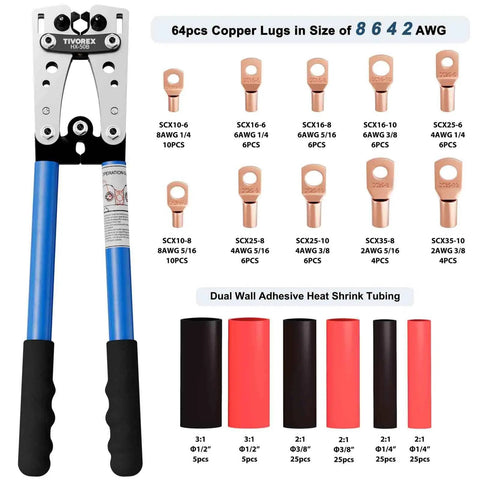 Battery Cable Lug Crimping Tool Kit For AWG 10 To 1/0 With 64 Ring Terminals And 110 Heat Shrink Tubing shown with components