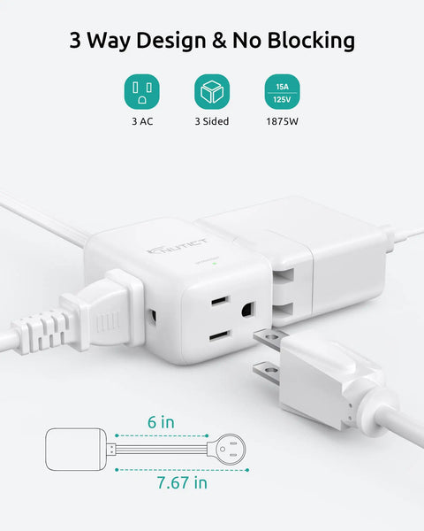 Slim 6 Inch Extension Cord With 3 Outlets And 900J Surge Protector 15 Amps 1875 Watts ETL Listed Grounded Plug