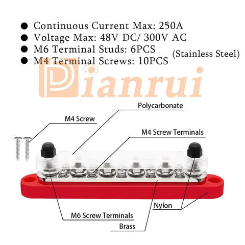 Battle Ready Heavy Duty 12V Bus Bar And Ground Power Distribution Block 250A Marine Terminal Kit, polycarbonate with red base.