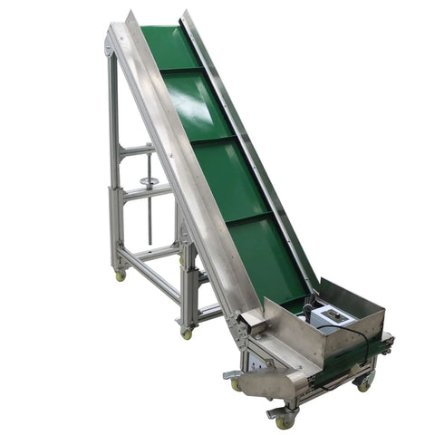 Electric PVC Belt Climbing Conveyor Built Tough For Industrial Use, 110V Power, 78.7 Inch Long Belt, 11.8 Inch Wide, on wheels