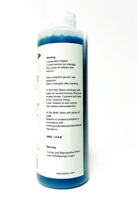 Heavy Duty Cobalt Blue Ultrasonic Cleaner Solution For Jewelry And Watch Parts High Concentrate Formula No Sweat Deep Cleaning Power Works Like A Charm Safe On Gold And Silver With 8 Oz Container, showing safety warnings and usage instructions.
