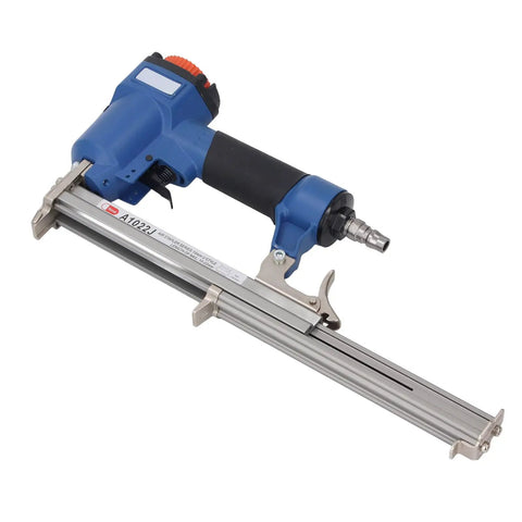 Knockout Pneumatic Brad Nailer Sleek Aluminum Frame With Non Slip Rubber Grip For Lightning Fast Drives And Effortless One Hand Shooting On Cabinet Assembly Crown Molding And Fine Carpentry, blue and silver design.