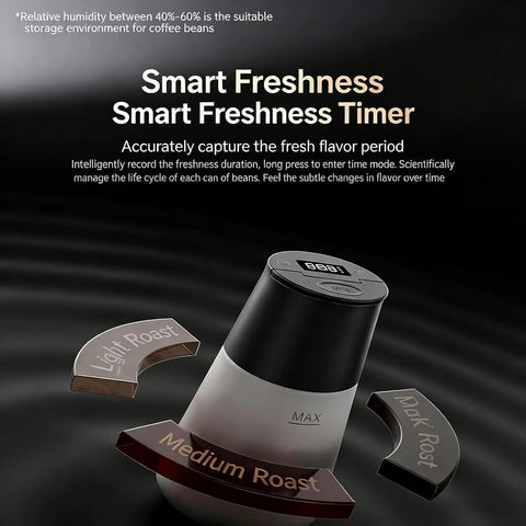 Smart Vacuum Coffee Bean Storage Canister With Digital Temp And Humidity Gauge 650Ml showing freshness timer and roast indicators.