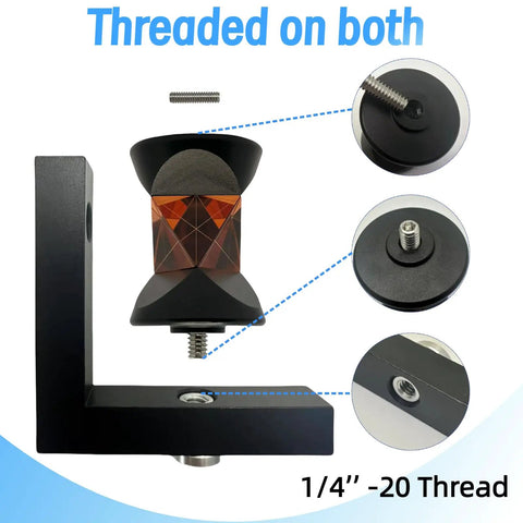 360 Degree Mini Copper Coated Survey Prism With L Bar Bracket Mount For Total Station, Quarter Inch Thread Compatible, Includes Both Male And Female Quarter Inch Threads, Easy Install With Strong Reinforced Mounting Bracket For Stable Readings, black L bracket