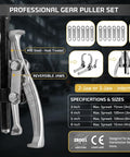 Heavy Duty Gear Puller Set With 2 And 3 Jaw Configurations 4 Piece Kit showing 45 steel reversible jaws and size chart