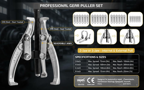 Heavy Duty Gear Puller Set With 2 And 3 Jaw Configurations 4 Piece Kit showing 45 steel reversible jaws and size chart
