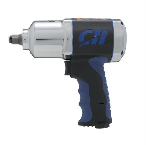 Half Inch Air Impact Wrench With Three Speed Regulator Delivers 550 Foot Pounds Torque For Busting Loose Stubborn Nuts And Bolts On Car Tires Brakes Mower Blades And Heavy Duty Fasteners In The Garage, side view showing grip handle and nozzle.