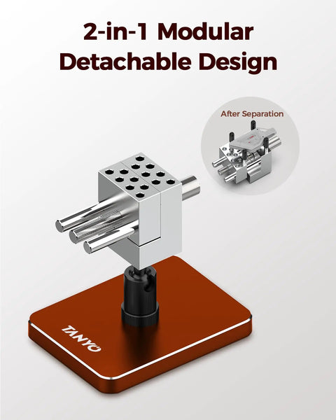 Slick Mini Bench Vise Featuring Sweet 360 Degree Rotating Ball Joint Base on red aluminum alloy base, showcasing its detachable design.