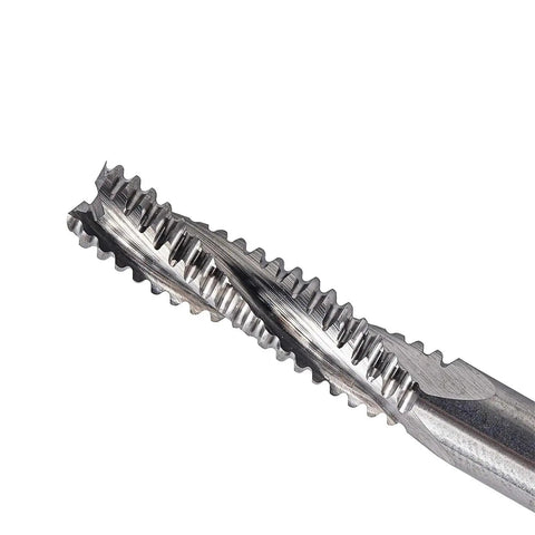 Built Different Three Flute Solid Carbide Cnc Router Bit For Beefy Woodworking and Tough Hardwood Slab Milling showing detailed cutting edge.
