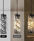 3 Light Pendant Chandelier With Bulbs Included, Modern Crystal Hanging Light Fixture, 60 Inch Adjustable Cord, Matte Black Island Lights For Kitchen And Dining Room, Easy Install on and off view.