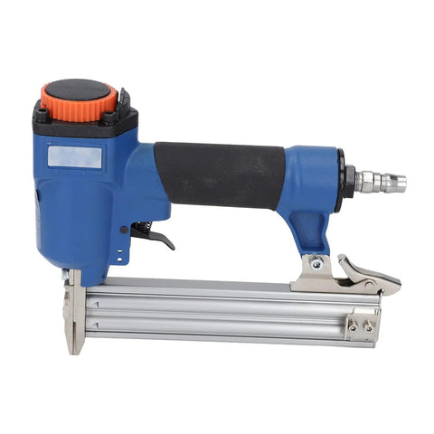 Real Deal 18 Gauge Pneumatic Brad Nailer for Serious Carpentry and Upholstery Jobs, air-powered, blue, 10-24 mm fasteners.