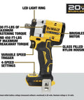 Premium 20 Volt Cordless Impact Wrench Equipped With 1/2 Inch Detent Pin Anvil showing LED light, trigger, and specs.