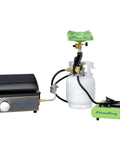 Three Port Propane Distribution Tree For Camping Connects Three One Pound Appliances To A Standard BBQ Tank Grillin Ready Safe Easy Setup Black And Gold, with two appliances attached and a propane tank